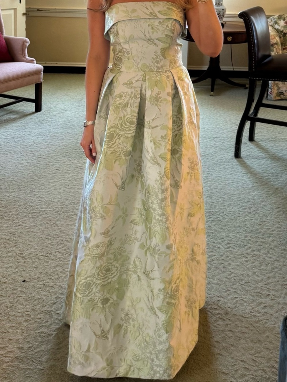 Lulakate Garden Floral Jacquard Gown in Light Green and blue